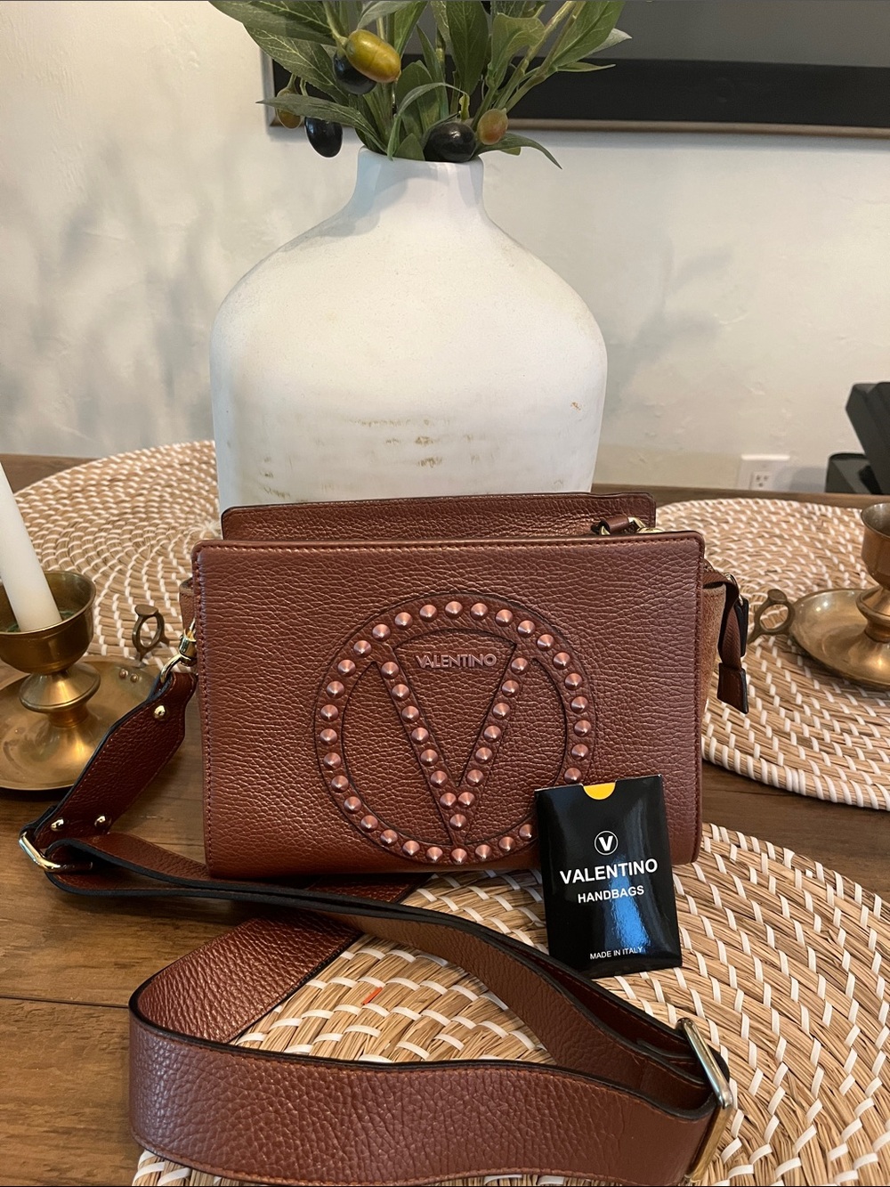Valentino Brown Pebbled Leather V-Stud Crossbody
